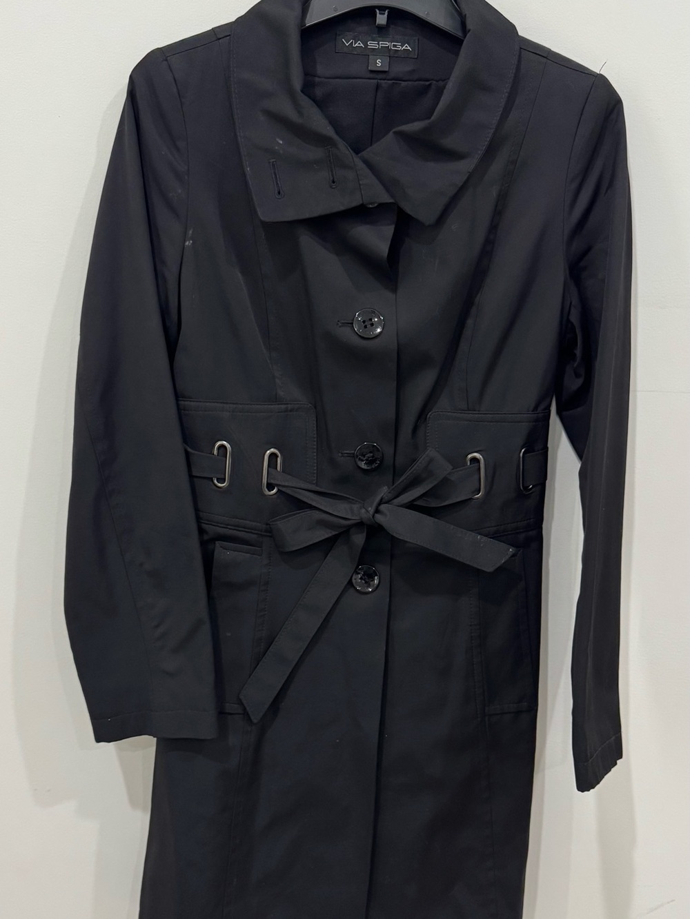 Via Spiga Black Tie-Waist Trench Coat with Notch Collar